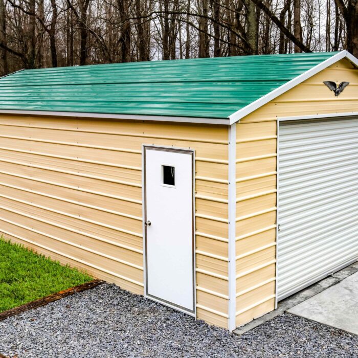 24’x30’x12′ vertical roof garage with (1) roll up door (2) windows (1) walk door